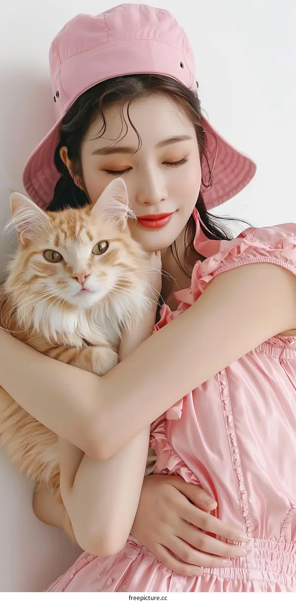 Woman and Cat in Pink Outfit