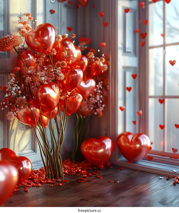 Red balloons in the shape of hearts for Valentines Day