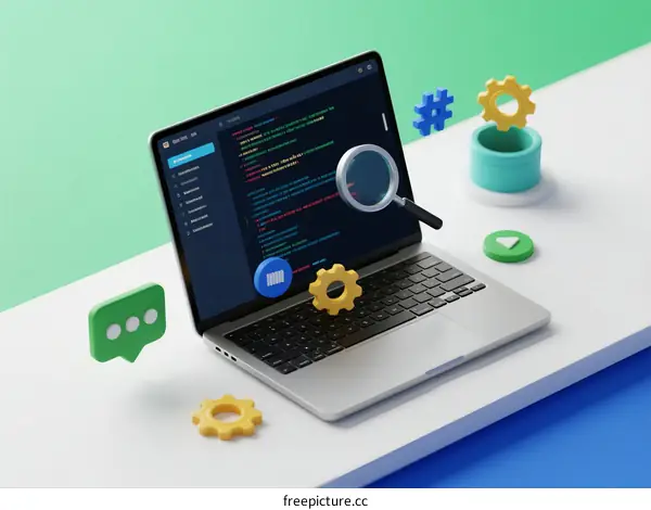 Laptop with Code, Gears and Chat Icons for Software Development