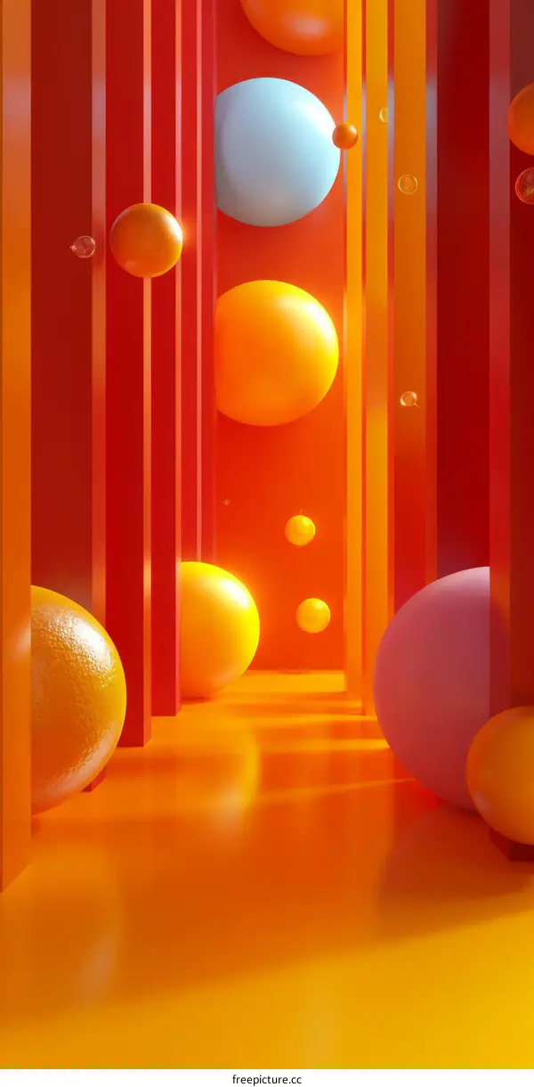 3D Rendering of Vibrant Hallway with Colorful Spheres