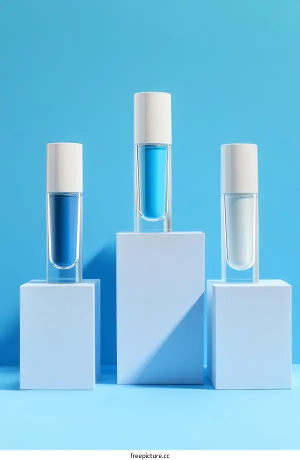Modern Cosmetic Bottles Display on Light Blue Background