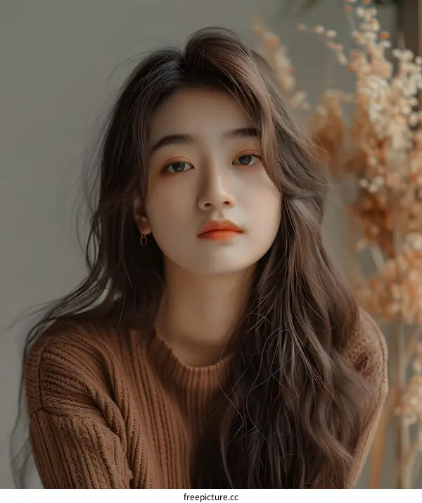 Portrait of a Beautiful Asian Woman with Long Brown Hair