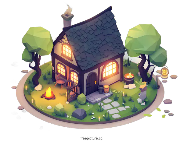 [Transparent Background PNG]Low Poly 3D Illustration of a Cottage with a Garden