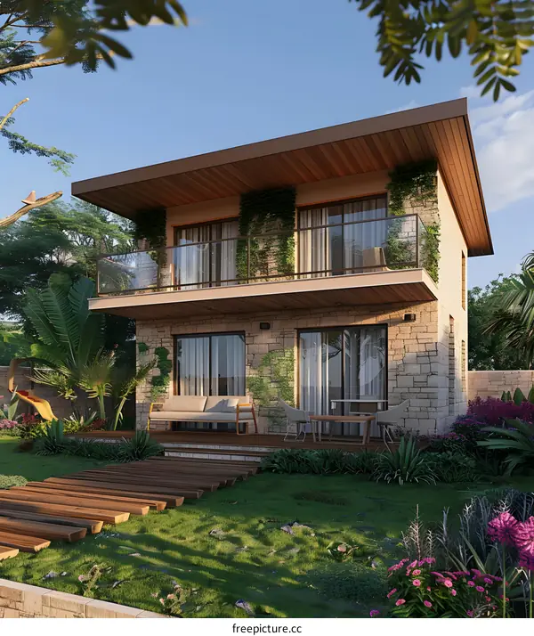 Modern Two Story House With A Patio And Lush Green Garden