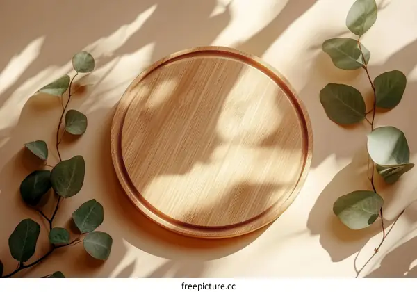 Wooden Plate with Eucalyptus Leaves Minimalist Background