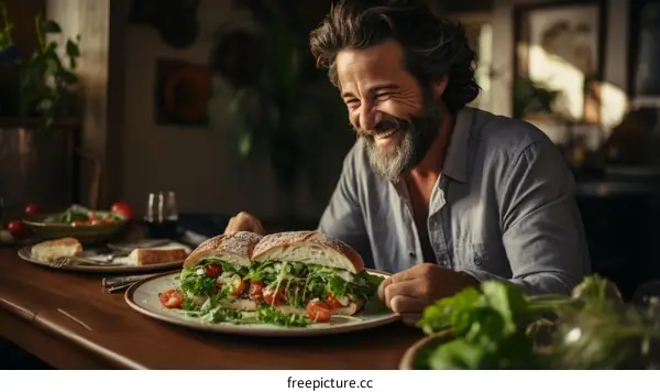 Bearded man eating a sandwich