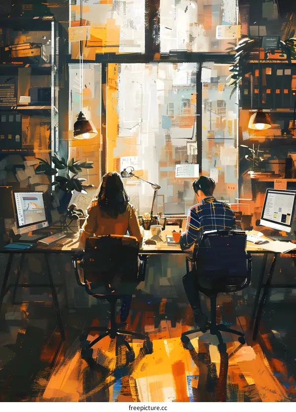 Two business people working at their desks in a modern office