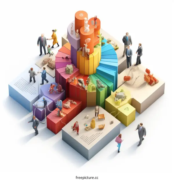 3D illustration of a spiral staircase with people walking up and down it