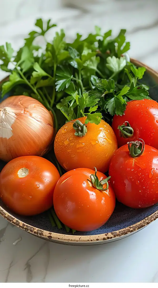 A bowl of tomatoes, onion and parsley