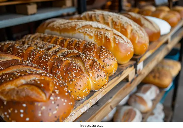 Loaf of bread on a shelf in a bakery