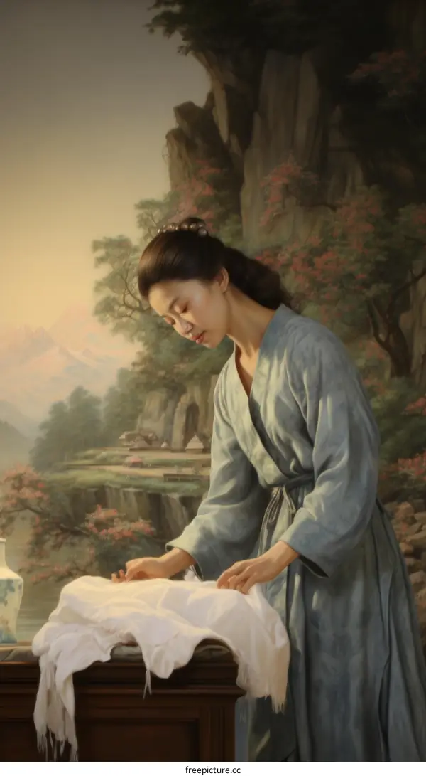 A woman in a blue robe folding clothes