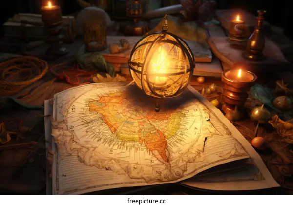 A magical world map with a glowing orb