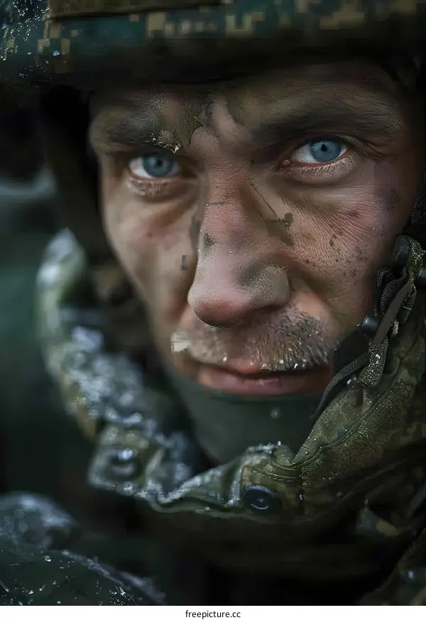 Close Up Portrait Of A Soldier In Camouflage