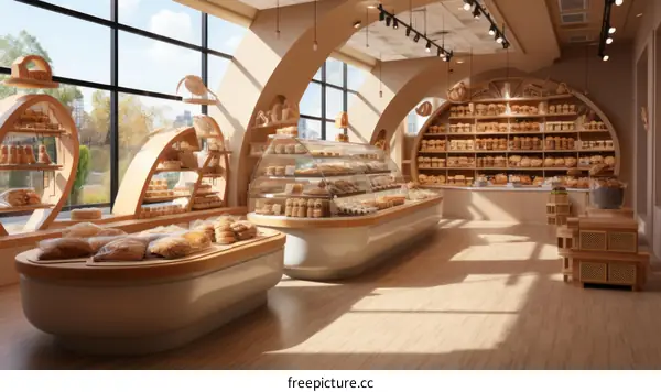 Modern bakery interior with large windows showcasing bread and pastries