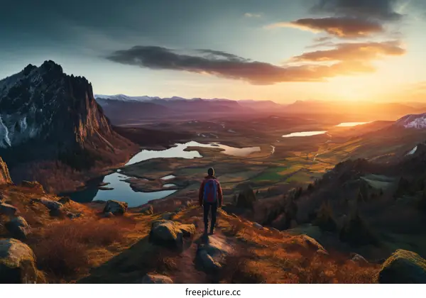 Man on top of a mountain overlooking a valley with lakes and mountains in the distance