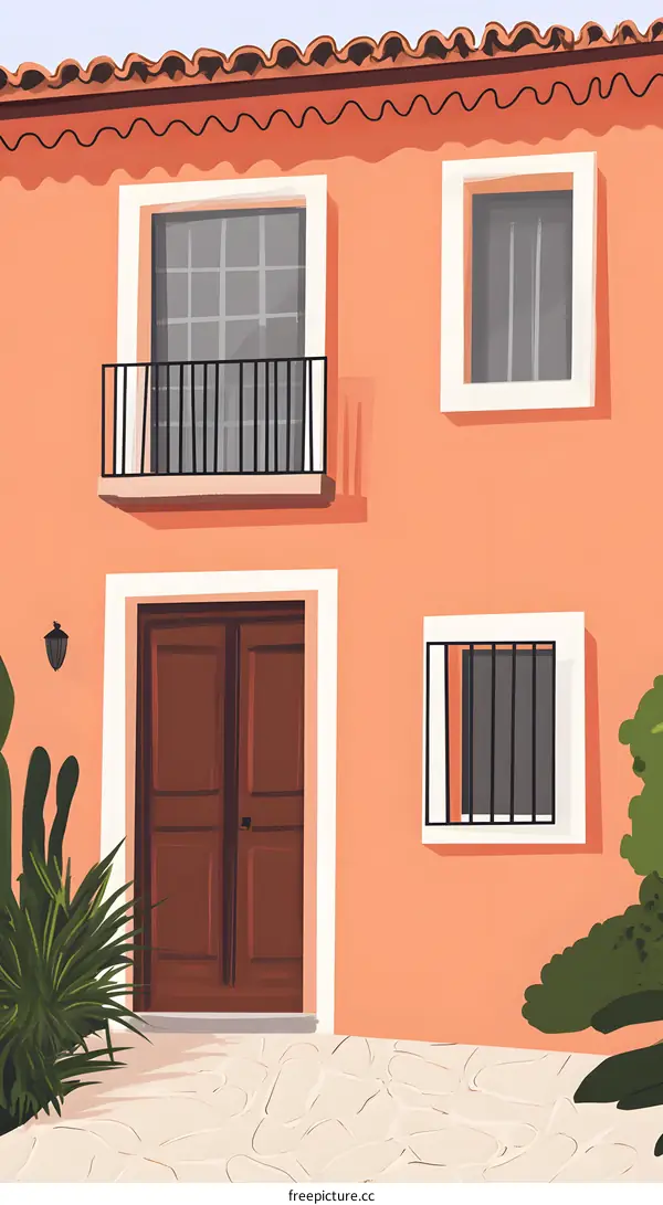 Orange Exterior Of A Spanish Home With A Double Wooden Door