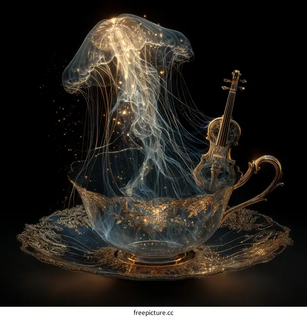 Golden Teacup with Jellyfish and Violin
