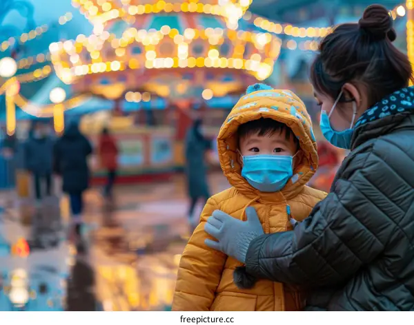 Mother and son wearing surgical masks at a carnival at night