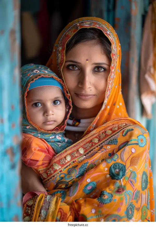 Indian Mother and Child Portrait in Traditional Attire