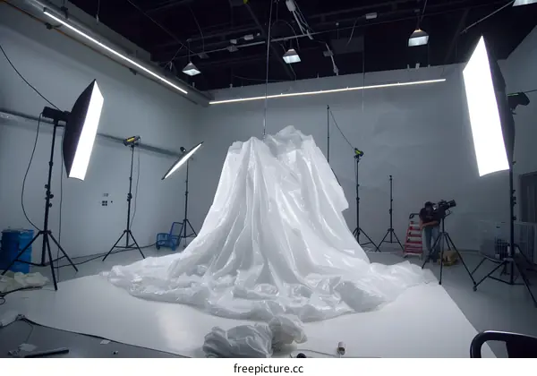 Studio Photography Setup with White Sheet and Lighting Equipment
