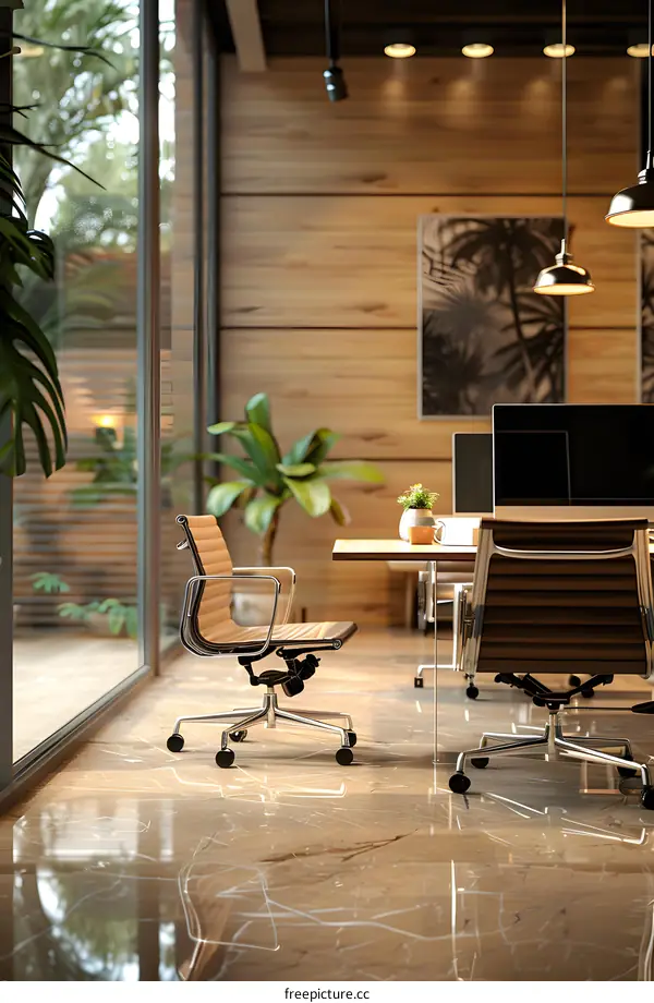 Modern office interior with wooden wall and marble floor