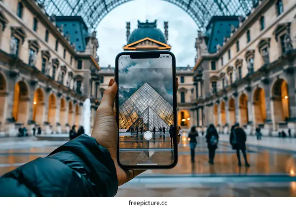 A Hand Holding a Smartphone Taking a Photo of the Louvre Pyramid