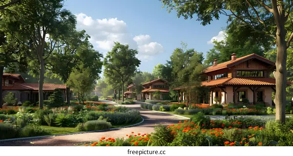 Colorful flower field and houses in the countryside