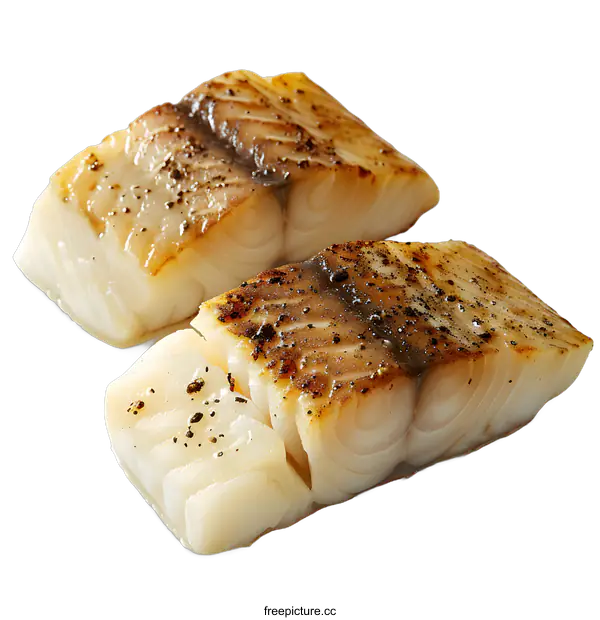 [Transparent Background PNG]Two Pieces of Grilled White Fish on White Plate