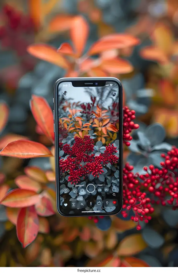 Close Up Of A Smartphone With Red Berries On The Screen