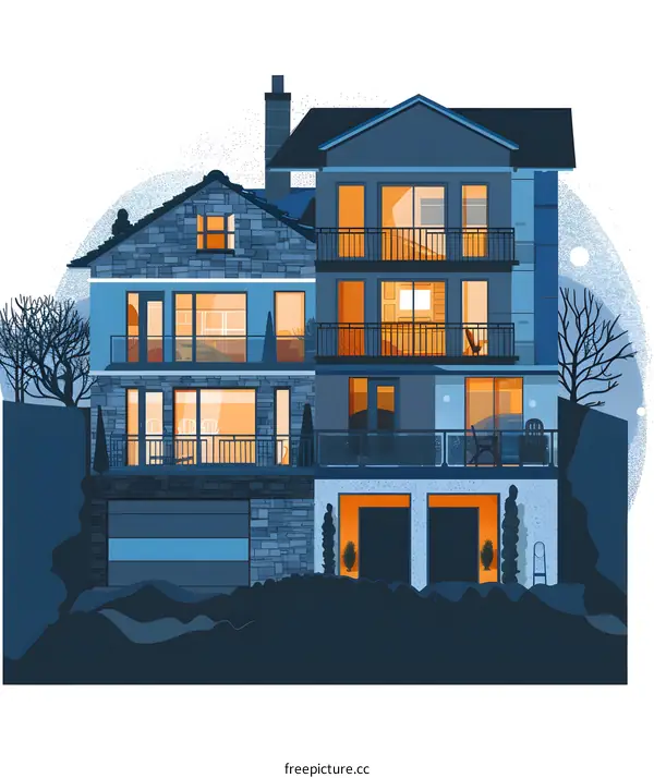 Modern House with Stone Facade and Night Lights Illustration