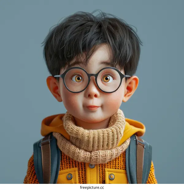 Portrait of a young boy wearing glasses and a yellow sweater