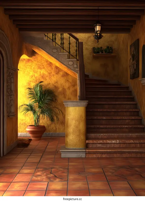 Interior Design of a Spanish Style Home with Staircase and Clay Tile Floor
