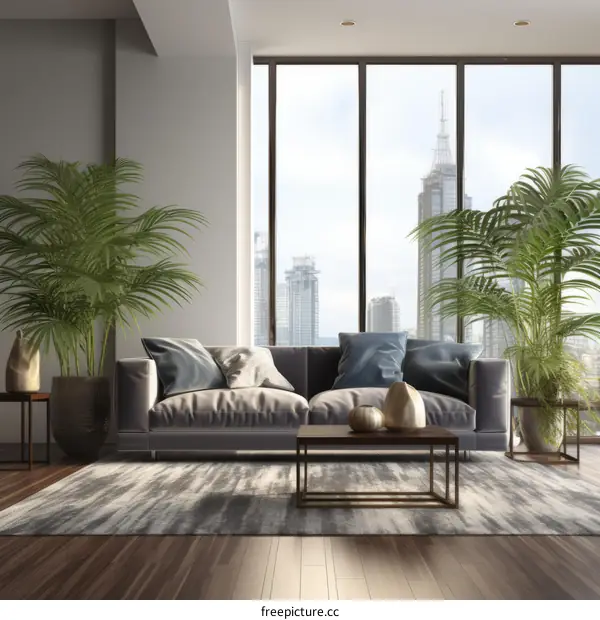 Modern Living Room with Large Window and Gray Sofa