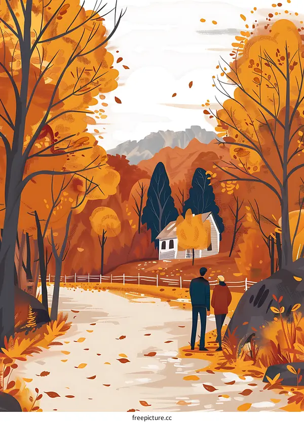 Autumn Couple Walking Through Forest Path