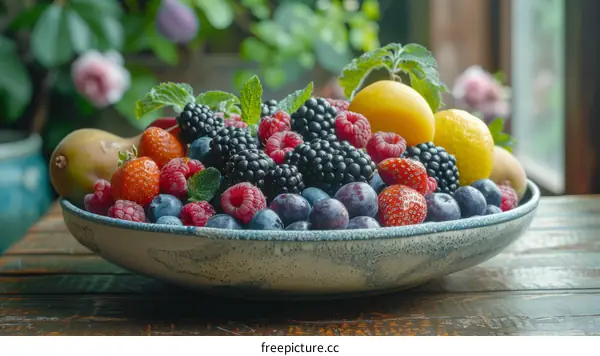 A bowl of colorful fresh berries and stone fruits