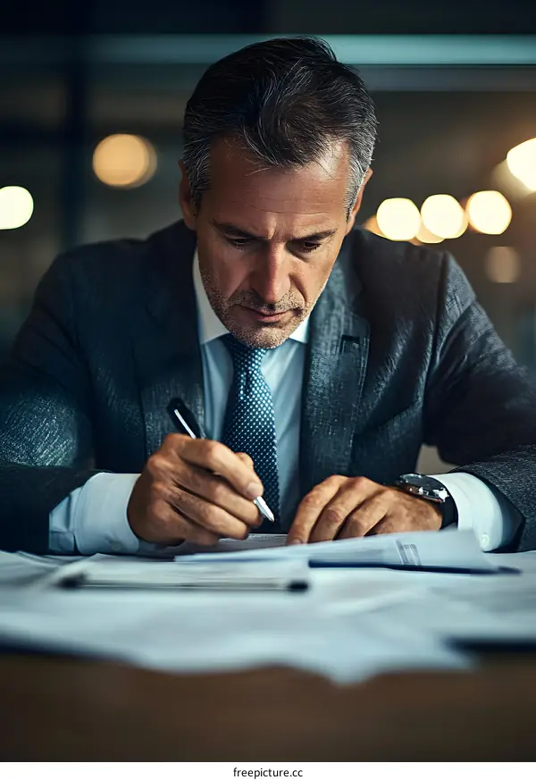 Businessman Working on Paperwork in Office