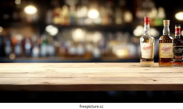 Wooden Bar Table Top with Alcoholic Drinks