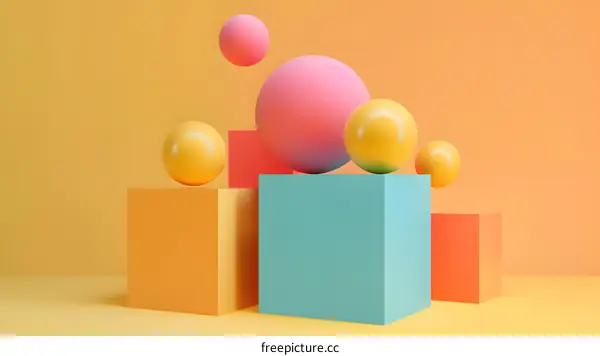 Abstract 3D Yellow and Pink Spheres on Colorful Cubes