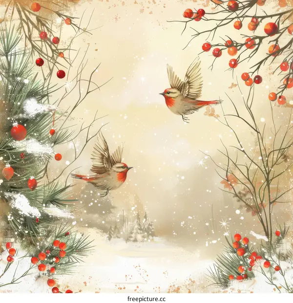 Two birds flying in the snow