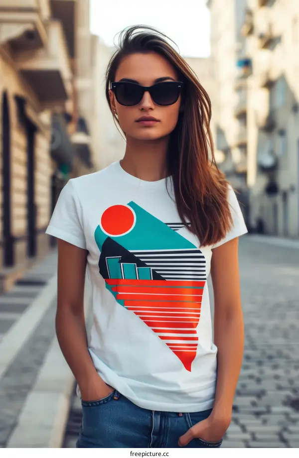 T-shirt with geometric shapes and a sunset