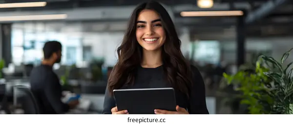 Smiling Businesswoman Holding Tablet In Office