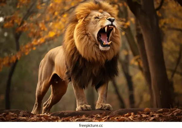 A Majestic Lion Roars in a Lush Autumn Forest