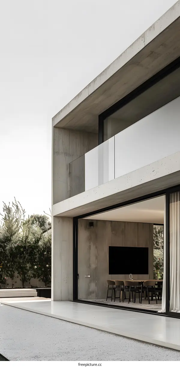Modern Concrete House with Glass Balcony and White Gravel Patio