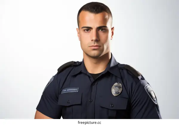 A police officer in uniform with a serious expression on his face