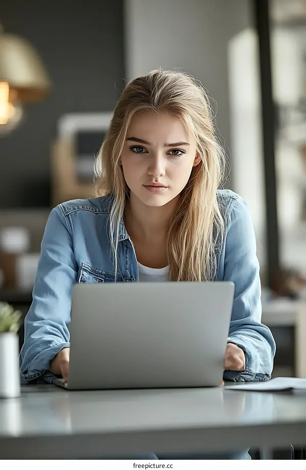 Young Woman Working on Laptop in Cafe