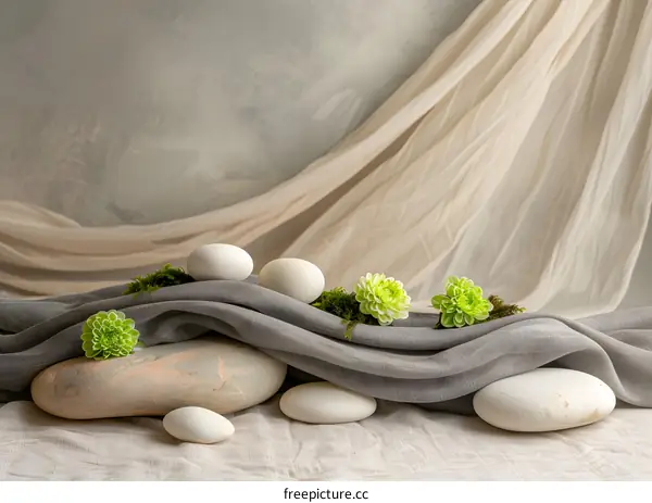 Gray Fabric with White Stones and Green Flowers