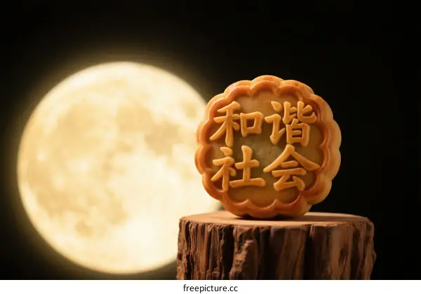 Mooncake with Chinese characters 'Harmonious Society' against a full moon