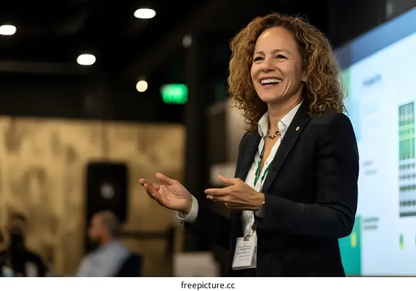 Smiling Female Speaker Giving a Presentation at a Conference