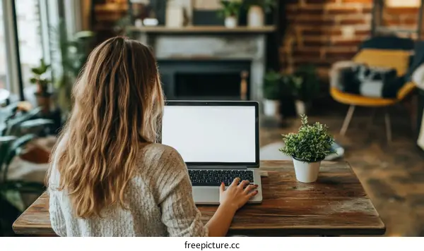Woman Working on Laptop in Cozy Home Office