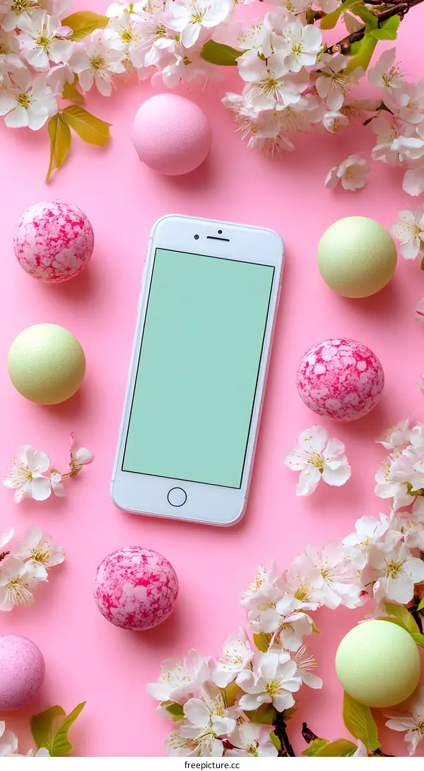 White Smartphone With Easter Eggs And Cherry Blossoms On Pink Background
